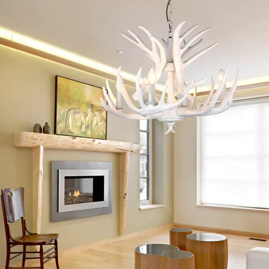 Resin Candle Chandelier Lamp Rustic 4/6/9 - Head Bedroom Pendant Ceiling Light With Antler Decor In