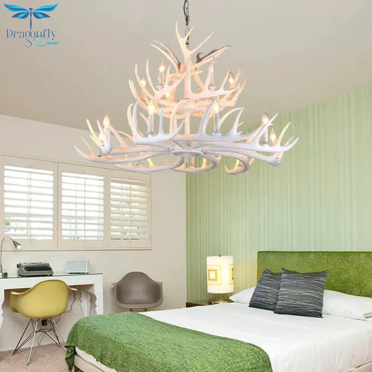 Resin Candle Chandelier Lamp Rustic 4/6/9 - Head Bedroom Pendant Ceiling Light With Antler Decor In