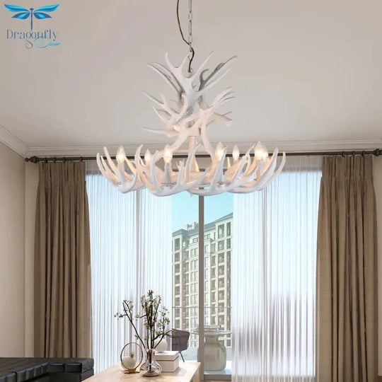 Resin Candle Chandelier Lamp Rustic 4/6/9 - Head Bedroom Pendant Ceiling Light With Antler Decor In