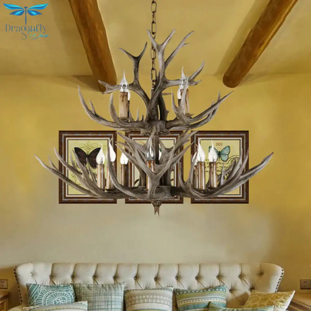 Resin Candle Shape Hanging Chandelier Farmhouse 12 Bulbs Restaurant Suspension Pendant Light In