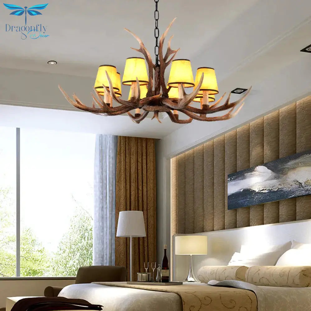 Resin Conical Chandelier Lamp Rustic 6/8/10 - Head Bedroom Pendant Ceiling Light With Antler In