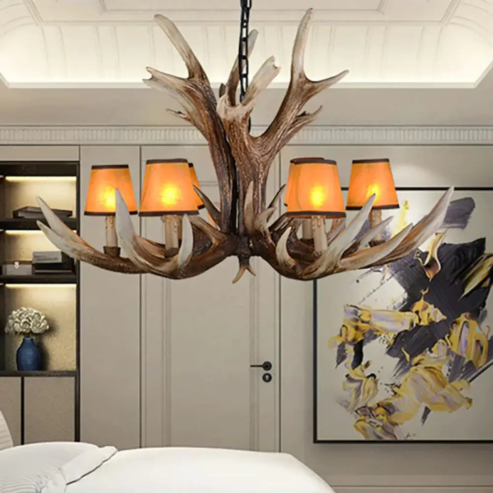 Resin Conical Chandelier Lamp Rustic 6/8/10 - Head Bedroom Pendant Ceiling Light With Antler In