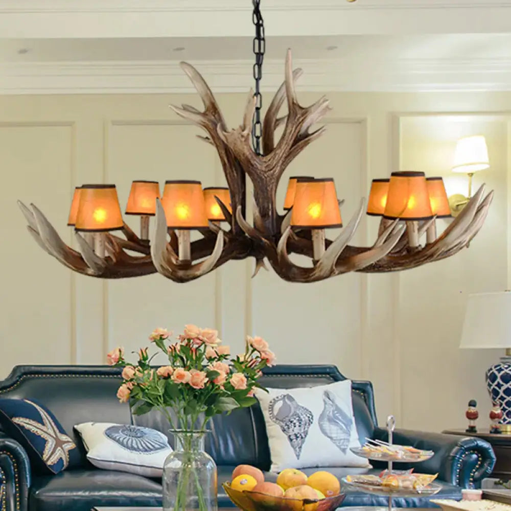Resin Conical Chandelier Lamp Rustic 6/8/10 - Head Bedroom Pendant Ceiling Light With Antler In