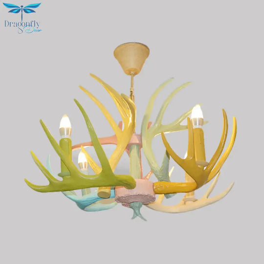 Resin Deer Antler Hanging Chandelier Rustic 4/6/8 Bulbs Bedroom Ceiling Pendant Light In Red -