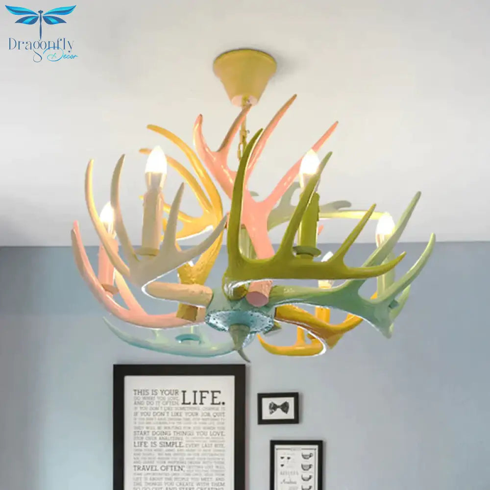 Resin Deer Antler Hanging Chandelier Rustic 4/6/8 Bulbs Bedroom Ceiling Pendant Light In Red -