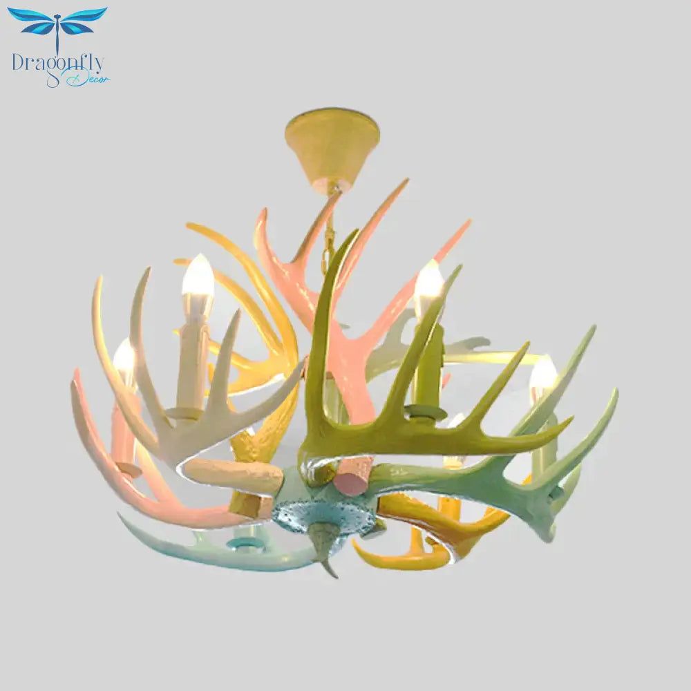 Resin Deer Antler Hanging Chandelier Rustic 4/6/8 Bulbs Bedroom Ceiling Pendant Light In Red -