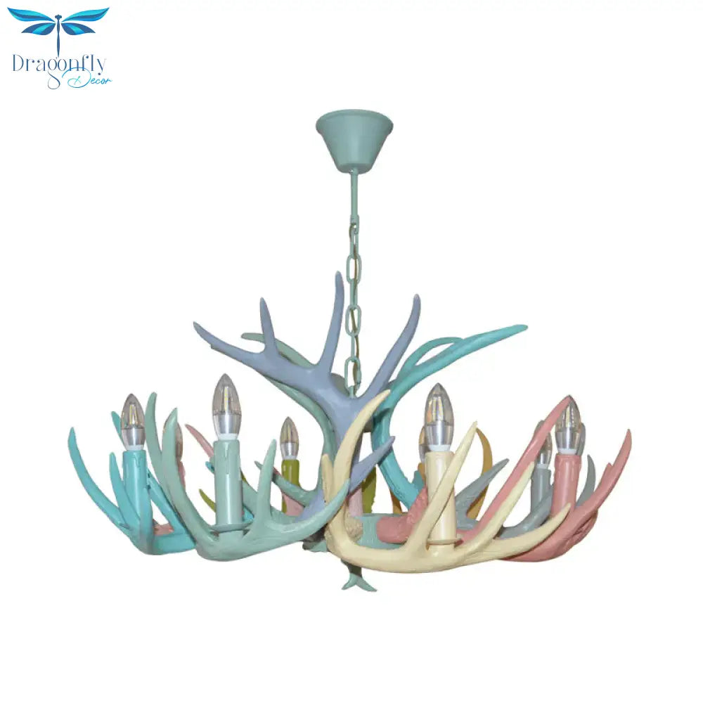 Resin Deer Antler Hanging Chandelier Rustic 4/6/8 Bulbs Bedroom Ceiling Pendant Light In Red -