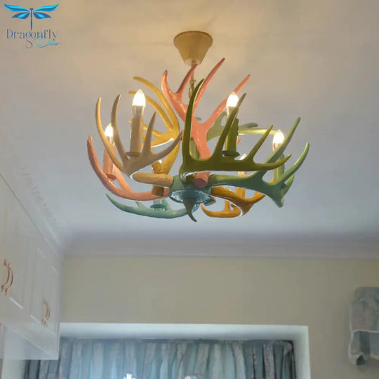 Resin Deer Antler Hanging Chandelier Rustic 4/6/8 Bulbs Bedroom Ceiling Pendant Light In Red -