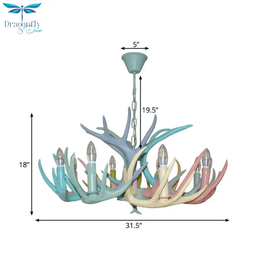 Resin Deer Antler Hanging Chandelier Rustic 4/6/8 Bulbs Bedroom Ceiling Pendant Light In Red -