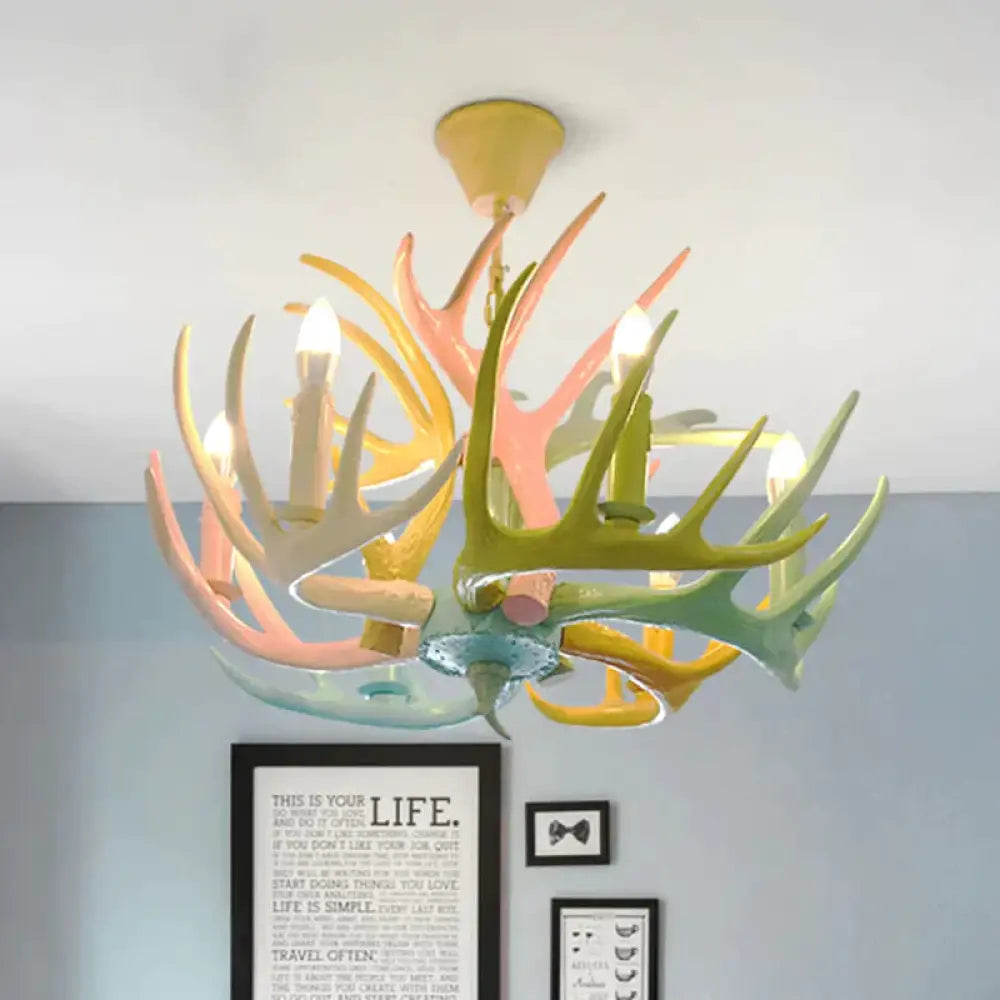 Resin Deer Antler Hanging Chandelier Rustic 4/6/8 Bulbs Bedroom Ceiling Pendant Light In Red -