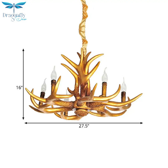 Resin Gold Hanging Chandelier Candle 6 Bulbs Traditional Pendant Light Fixture For Living Room