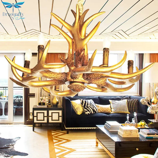 Resin Gold Hanging Chandelier Candle 6 Bulbs Traditional Pendant Light Fixture For Living Room