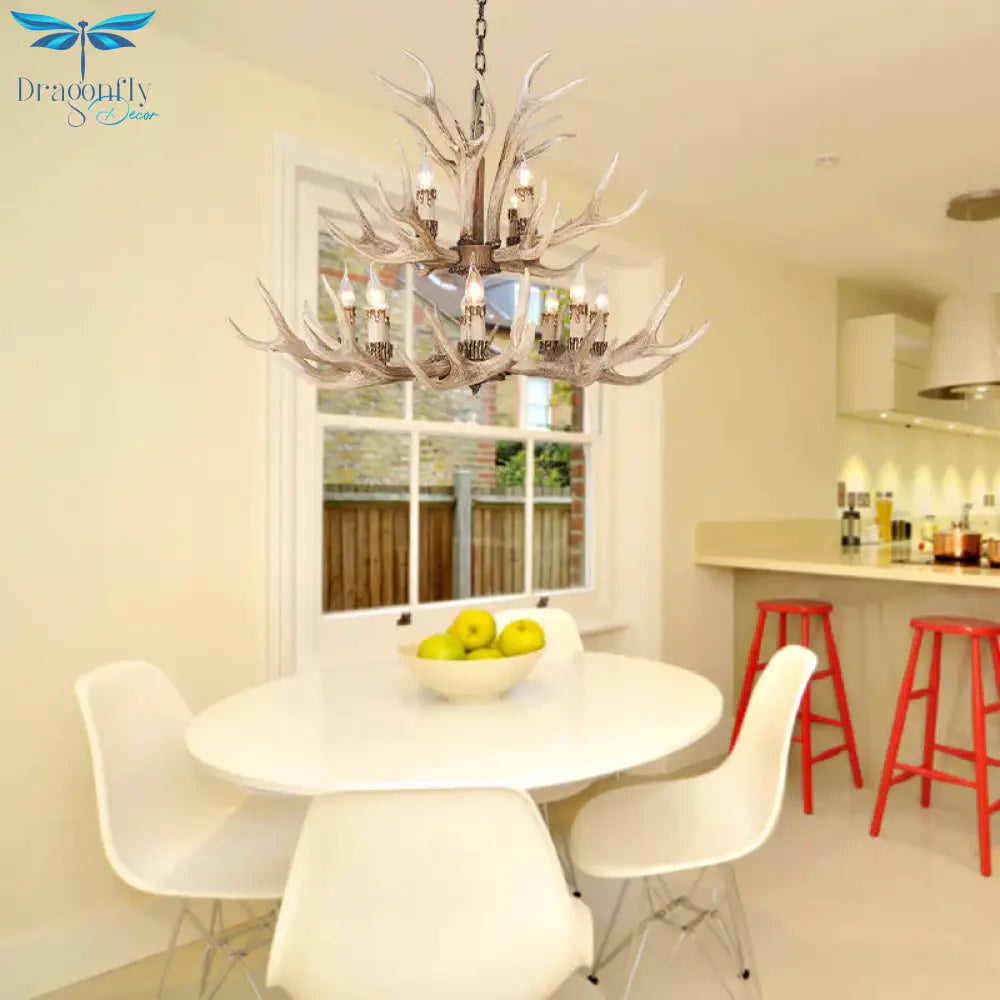 Resin Light Brown Hanging Chandelier Deer Antler 8/12/24 Bulbs Traditional Pendant Fixture For