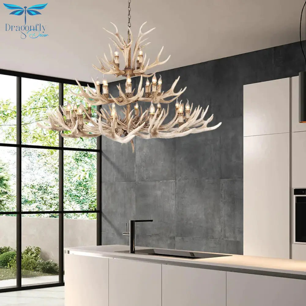Resin Light Brown Hanging Chandelier Deer Antler 8/12/24 Bulbs Traditional Pendant Fixture For