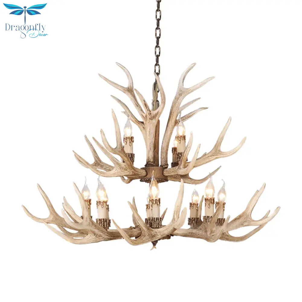 Resin Light Brown Hanging Chandelier Deer Antler 8/12/24 Bulbs Traditional Pendant Fixture For