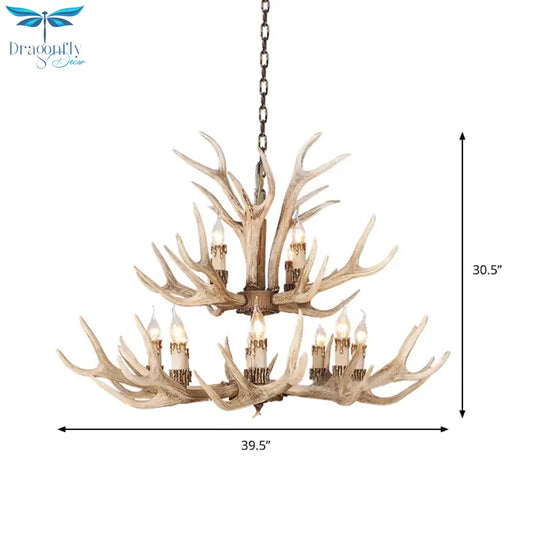 Resin Light Brown Hanging Chandelier Deer Antler 8/12/24 Bulbs Traditional Pendant Fixture For