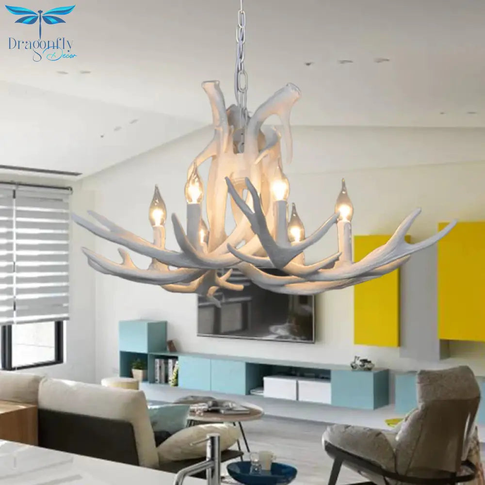 Resin White/Brown And Yellow Chandelier Lighting Antler 6 Lights Traditional Pendant Lamp For