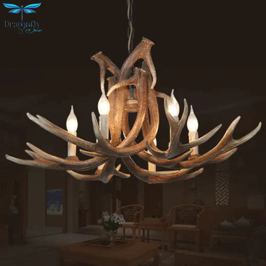 Resin White/Brown And Yellow Chandelier Lighting Antler 6 Lights Traditional Pendant Lamp For