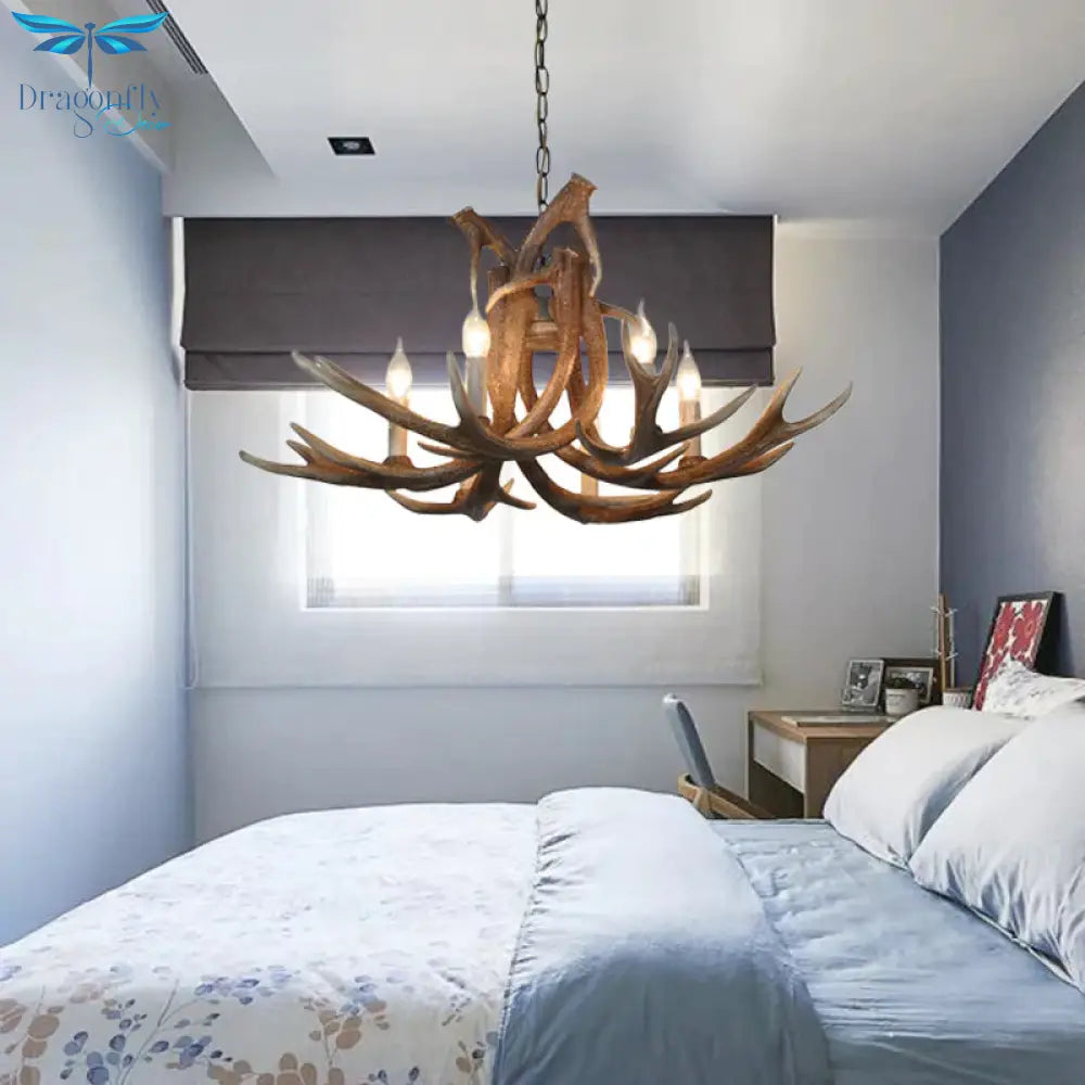 Resin White/Brown And Yellow Chandelier Lighting Antler 6 Lights Traditional Pendant Lamp For