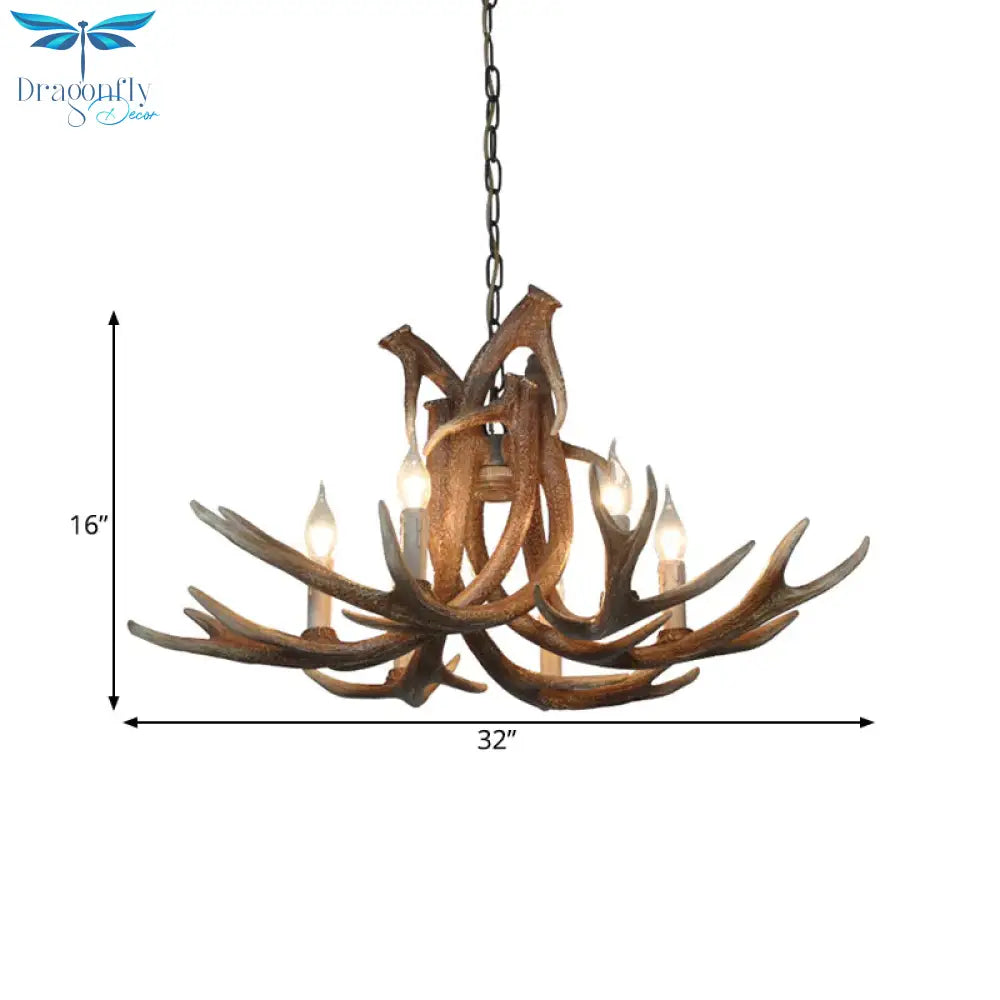 Resin White/Brown And Yellow Chandelier Lighting Antler 6 Lights Traditional Pendant Lamp For