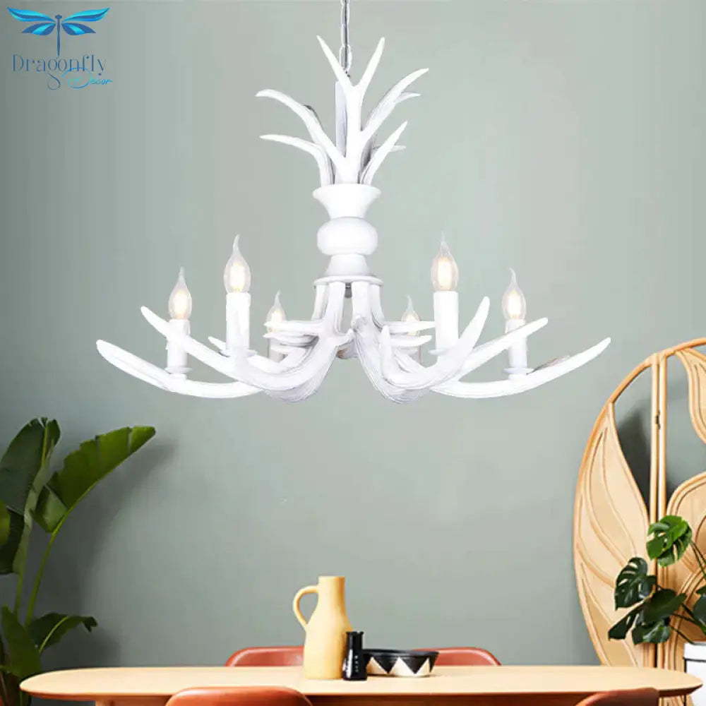 Resin White Hanging Chandelier Candle Shape 6/8 Bulbs Rustic Pendant Light Fixture For Restaurant