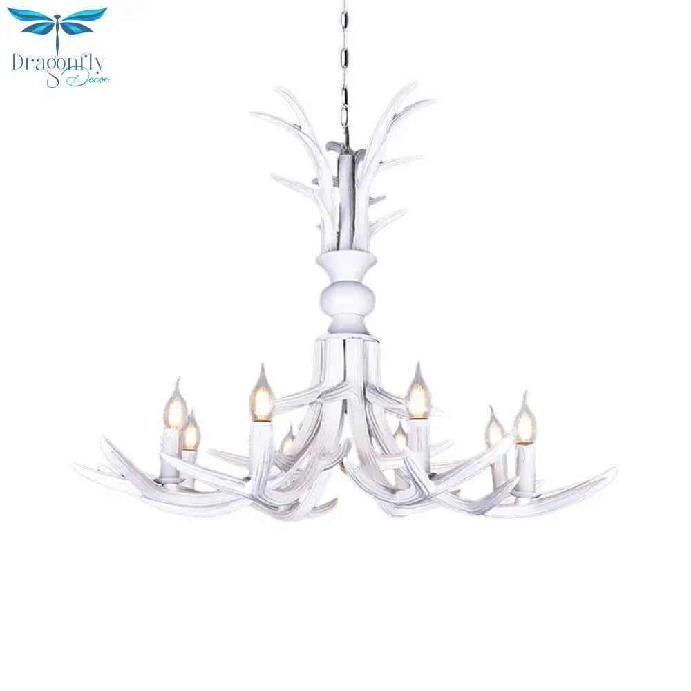 Resin White Hanging Chandelier Candle Shape 6/8 Bulbs Rustic Pendant Light Fixture For Restaurant