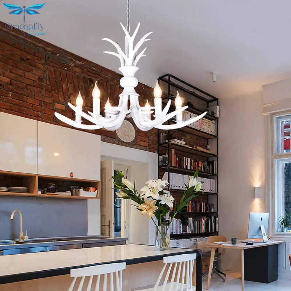 Resin White Hanging Chandelier Candle Shape 6/8 Bulbs Rustic Pendant Light Fixture For Restaurant