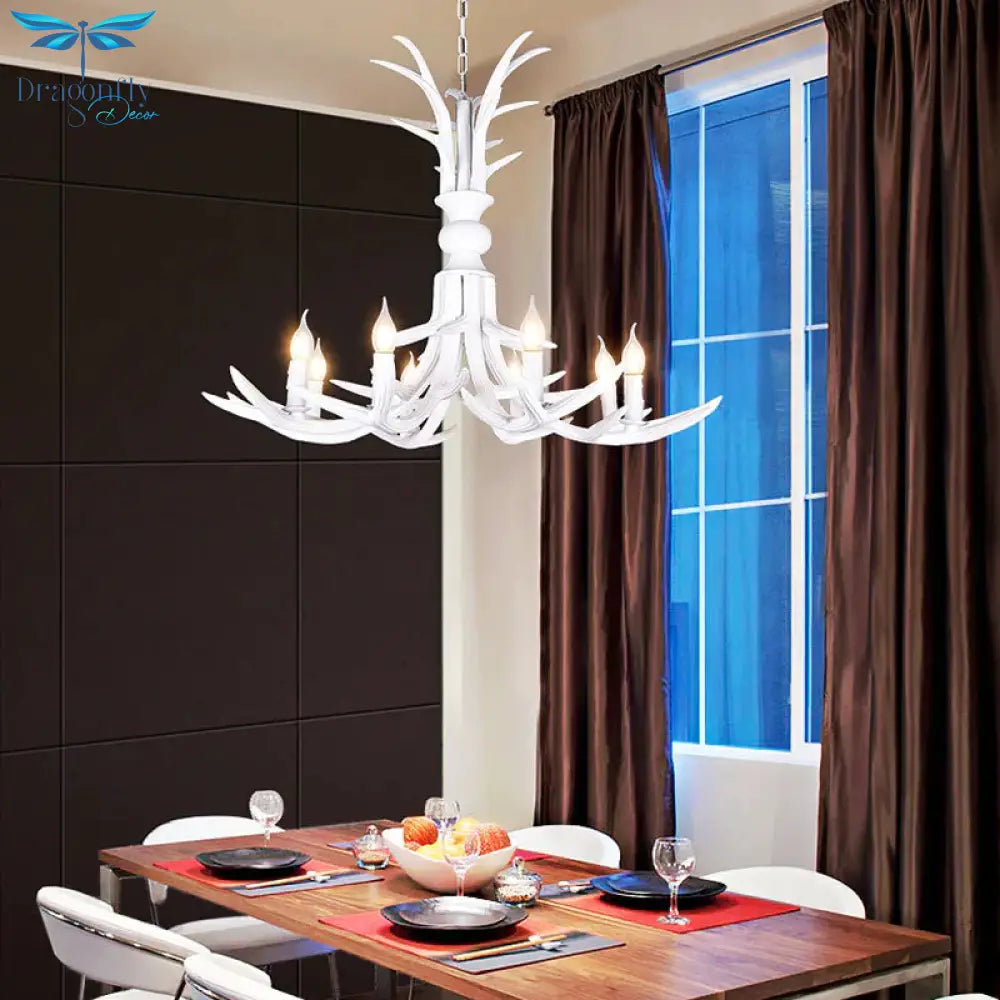 Resin White Hanging Chandelier Candle Shape 6/8 Bulbs Rustic Pendant Light Fixture For Restaurant