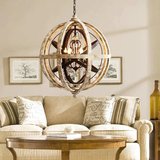 Retro 5 Heads Chandelier Lamp Rust Laser - Cut Ceiling Pendant Light With Wood Shade For Living Room