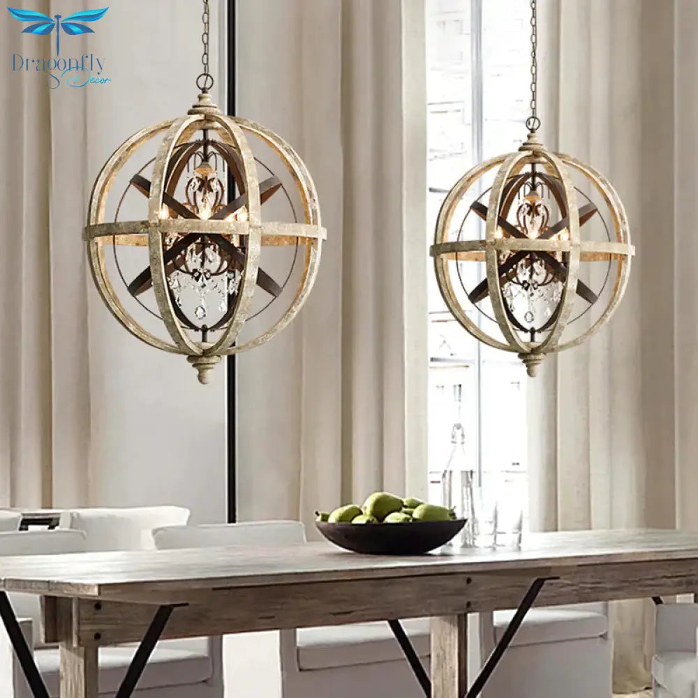 Retro 5 Heads Chandelier Lamp Rust Laser - Cut Ceiling Pendant Light With Wood Shade For Living Room