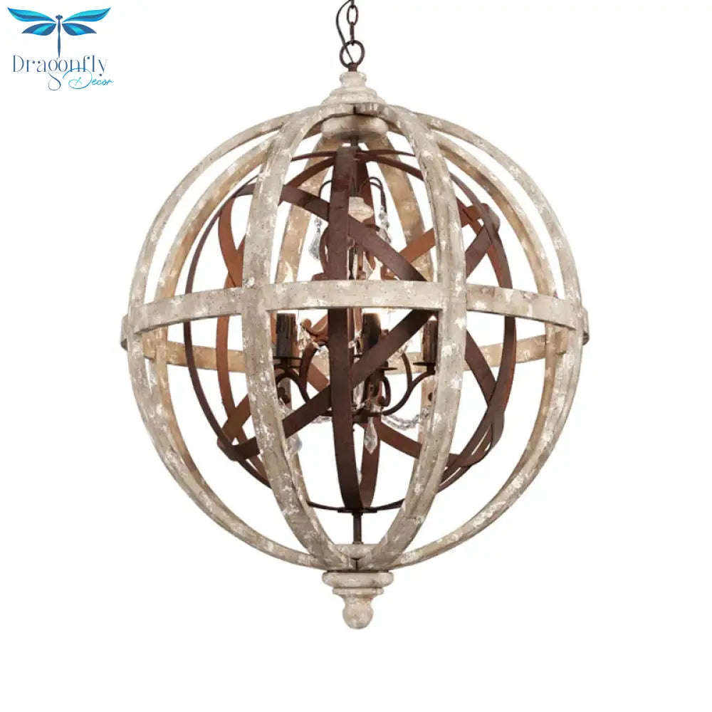 Retro 5 Heads Chandelier Lamp Rust Laser - Cut Ceiling Pendant Light With Wood Shade For Living Room