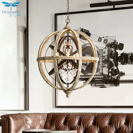 Retro 5 Heads Chandelier Lamp Rust Laser - Cut Ceiling Pendant Light With Wood Shade For Living Room