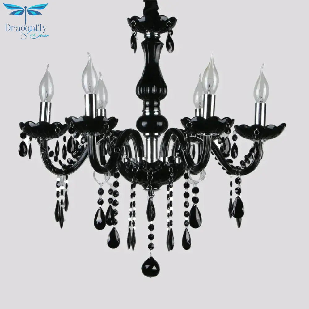 Retro Candelabra Hanging Chandelier 6 Heads Black Crystal Suspension Pendant Light For Bedroom