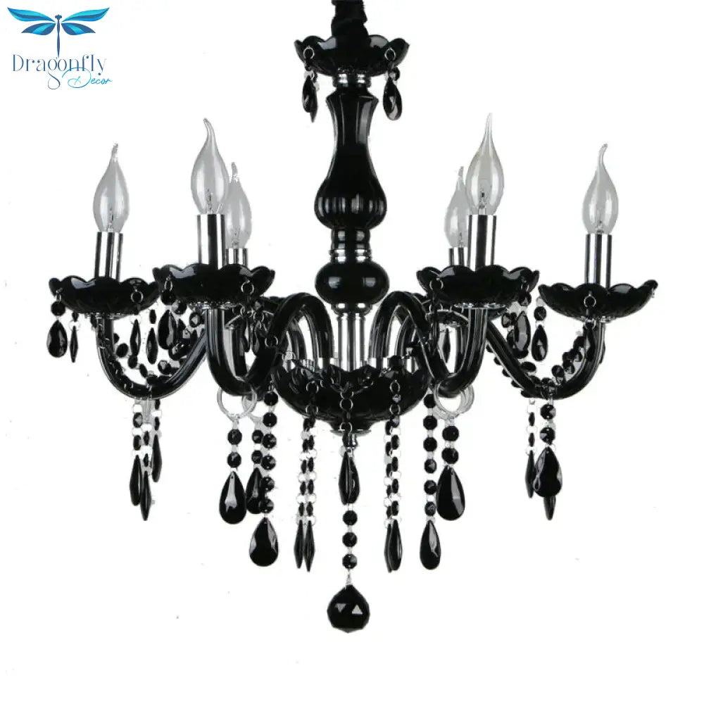 Retro Candelabra Hanging Chandelier 6 Heads Black Crystal Suspension Pendant Light For Bedroom