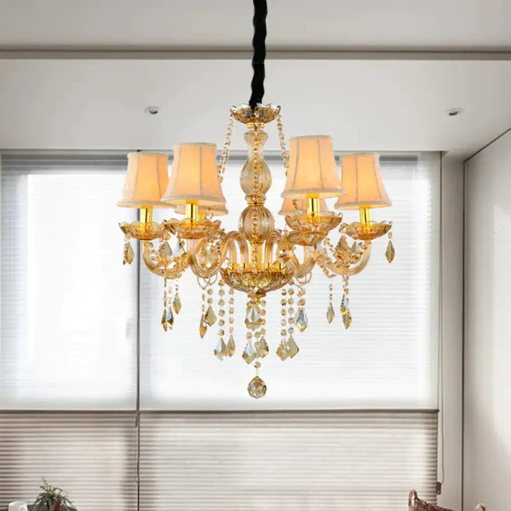 Retro Candle/Bell Chandelier Light 6 Bulbs Amber Beveled Crystal Pendant Lamp In Gold With/Without