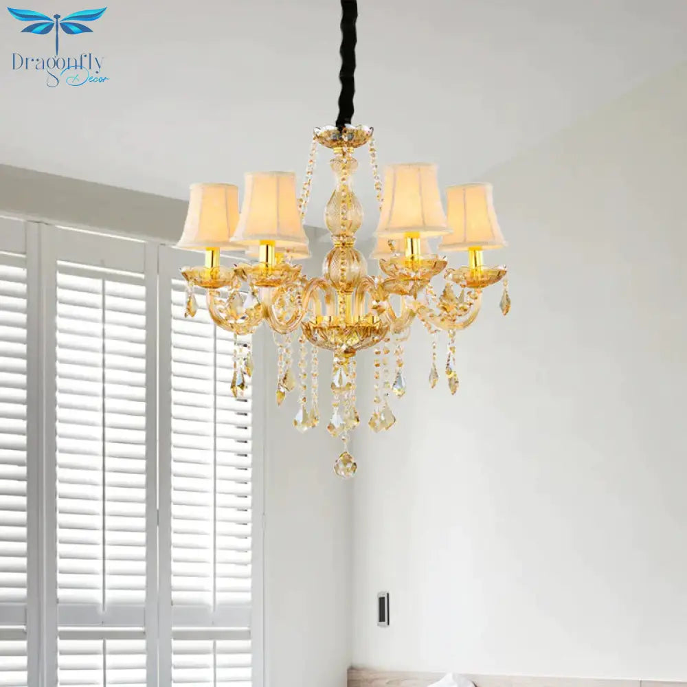 Retro Candle/Bell Chandelier Light 6 Bulbs Amber Beveled Crystal Pendant Lamp In Gold With/Without