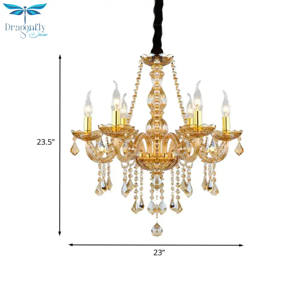 Retro Candle/Bell Chandelier Light 6 Bulbs Amber Beveled Crystal Pendant Lamp In Gold With/Without