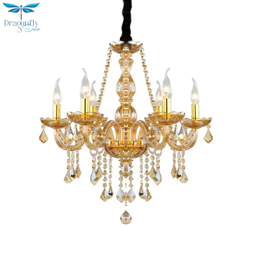Retro Candle/Bell Chandelier Light 6 Bulbs Amber Beveled Crystal Pendant Lamp In Gold With/Without