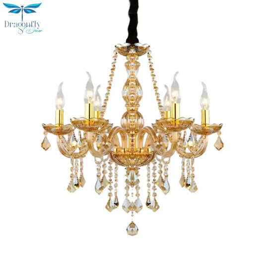 Retro Candle/Bell Chandelier Light 6 Bulbs Amber Beveled Crystal Pendant Lamp In Gold With/Without