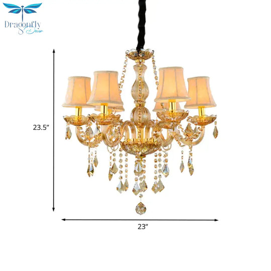 Retro Candle/Bell Chandelier Light 6 Bulbs Amber Beveled Crystal Pendant Lamp In Gold With/Without