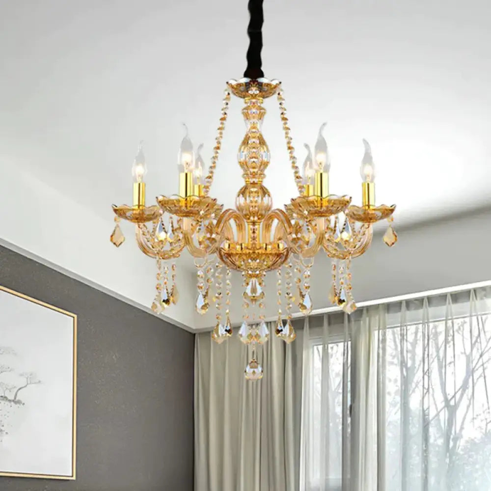 Retro Candle/Bell Chandelier Light 6 Bulbs Amber Beveled Crystal Pendant Lamp In Gold With/Without