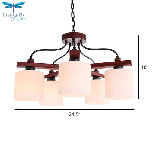 Retro Cylindrical Hanging Chandelier 5 Lights Cream Glass Drop Pendant In Brown With Wooden Arm