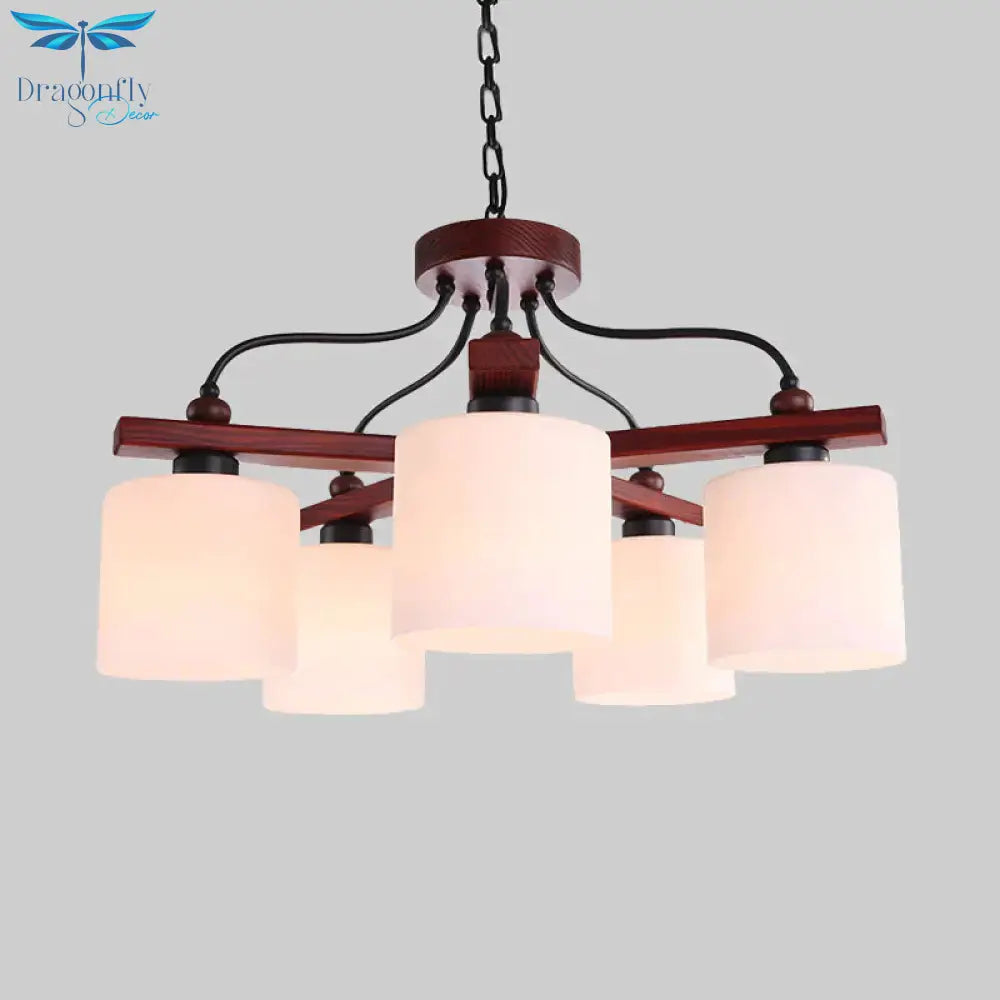 Retro Cylindrical Hanging Chandelier 5 Lights Cream Glass Drop Pendant In Brown With Wooden Arm