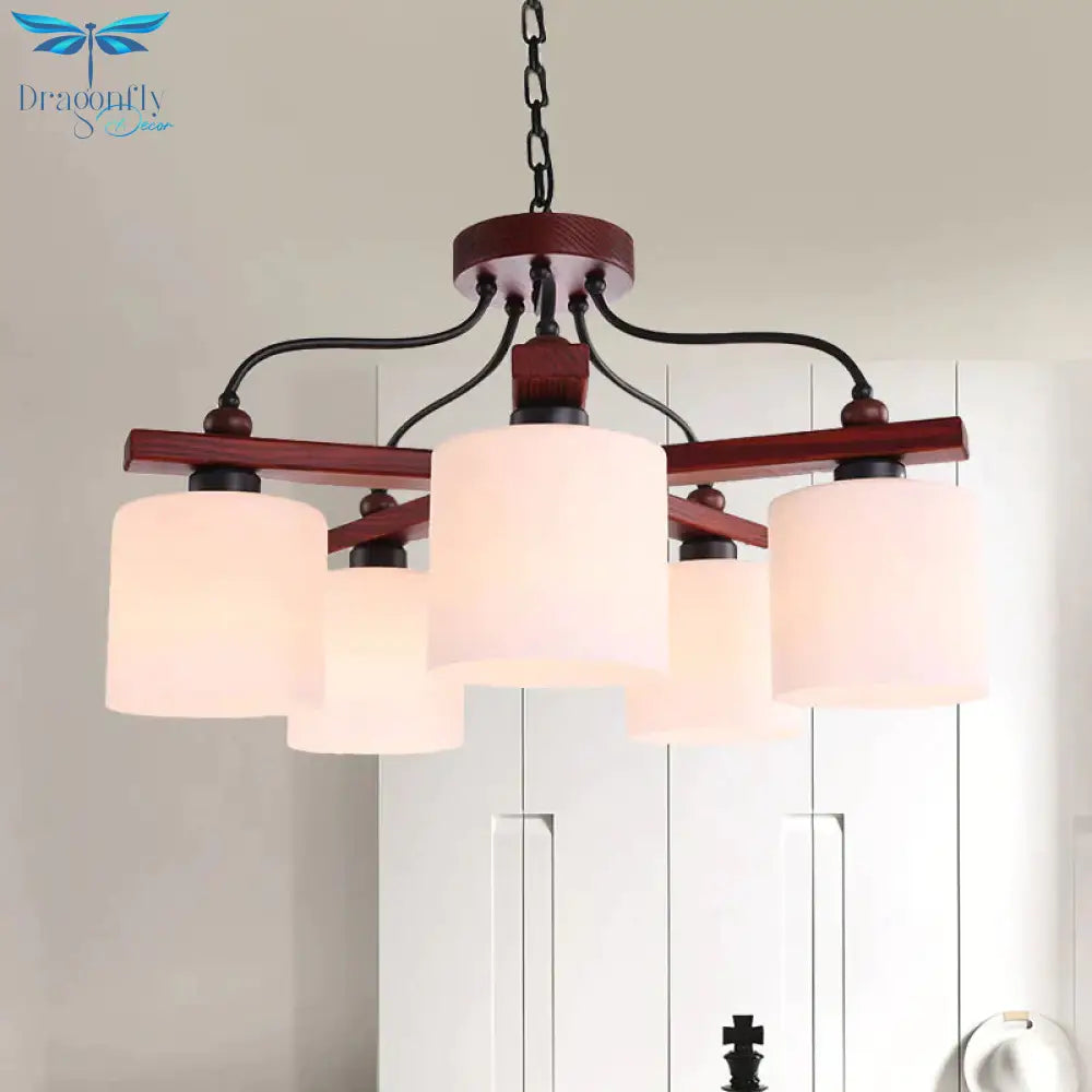 Retro Cylindrical Hanging Chandelier 5 Lights Cream Glass Drop Pendant In Brown With Wooden Arm