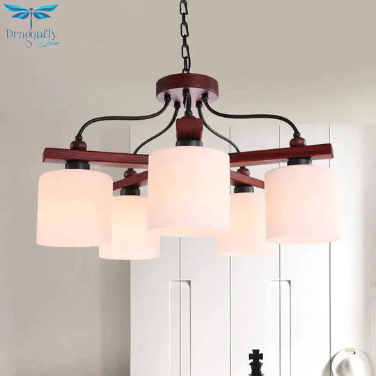 Retro Cylindrical Hanging Chandelier 5 Lights Cream Glass Drop Pendant In Brown With Wooden Arm