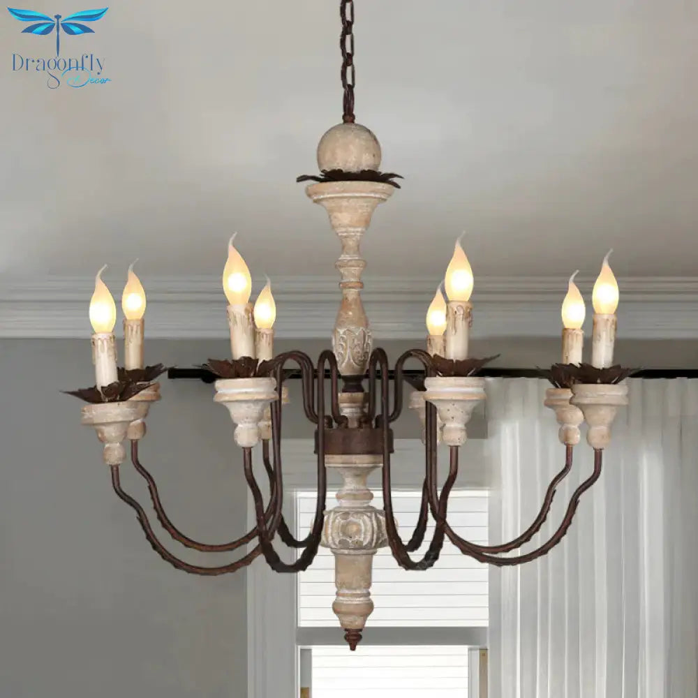 Retro Distressed Wood Living Room Chandelier Light With Swooping Arm In White