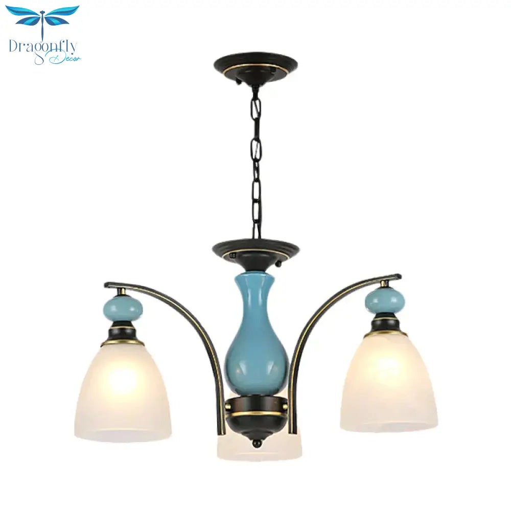 Retro Domed Shade Hanging Pendant 3/5/8 Lights Frosted Glass Chandelier Lighting Fixture In Black