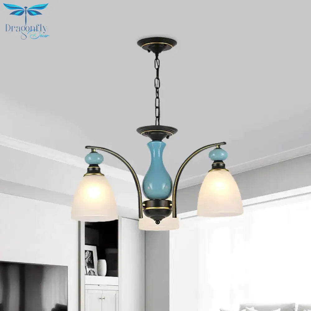 Retro Domed Shade Hanging Pendant 3/5/8 Lights Frosted Glass Chandelier Lighting Fixture In Black