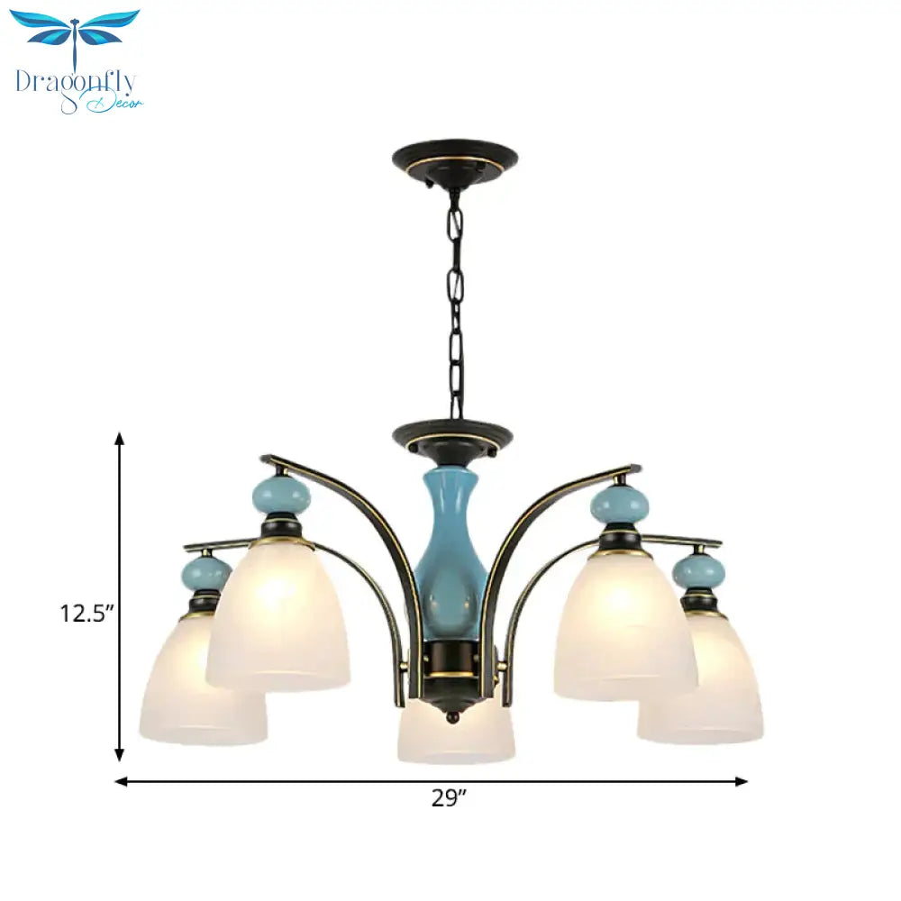 Retro Domed Shade Hanging Pendant 3/5/8 Lights Frosted Glass Chandelier Lighting Fixture In Black