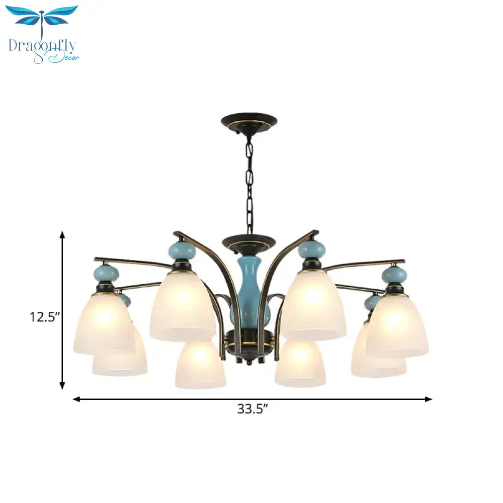 Retro Domed Shade Hanging Pendant 3/5/8 Lights Frosted Glass Chandelier Lighting Fixture In Black